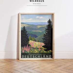 DEUTSCHLAND Vintage Forest Travel Poster, DIGITAL Download, Retro Germany Wildflowers German Tourism Print Wall Decor 041