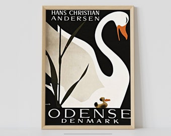 DENMARK Odense Vintage Travel Poster, DIGITAL DOWNLOAD, Retro Danish Hans Christian Andersen The Ugly Duckling, Print Wall Decor 002