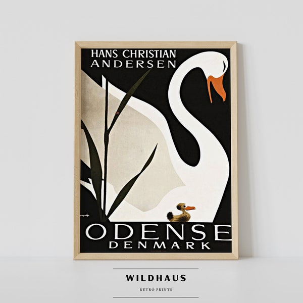 DENMARK Odense Vintage Travel Poster, DIGITAL DOWNLOAD, Retro Danish Hans Christian Andersen The Ugly Duckling, Print Wall Decor 002