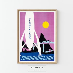 May include: A retro-style poster featuring a white rocket with the text "DISNEYLAND" printed vertically on the side. The rocket is in front of a pink background with a yellow sun and a black silhouette of a mountain. The text "TOMORROWLAND" is printed in blue at the bottom of the poster.