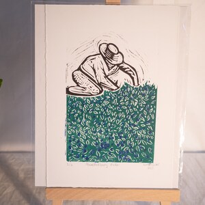 Maine Blueberry Picker Linoleum Block Print