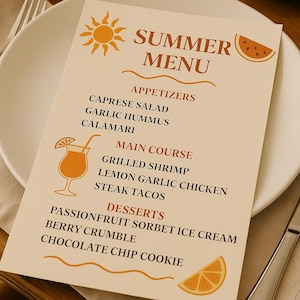 Modèle canva de menu d'été méditerranéen – Menu imprimable modifiable pour les restaurants, les événements, les dîners ou les mariages