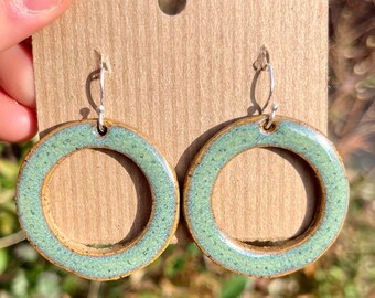 Handmade Medium Green Ceramic Hoop Earrings With Sterling Silver Hooks