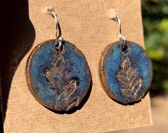 Handmade Floating Blue Small Ceramic Leaf Print Earrings With Sterling Silver Hooks