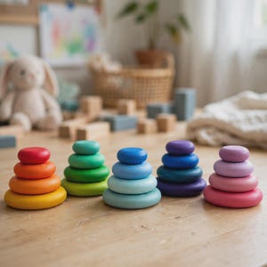 Rainbow Wooden Stacking Pebbles | Montessori Sensory Toy, Open Ended Play