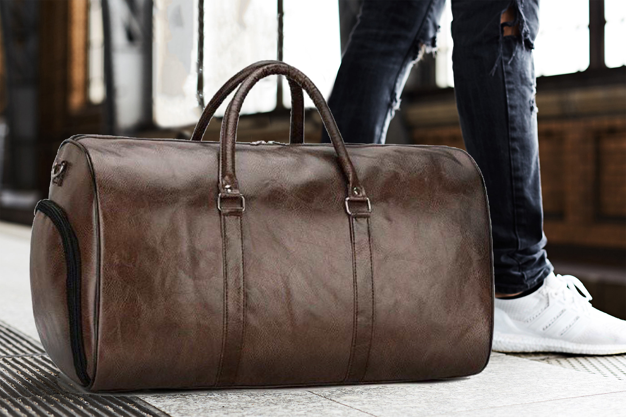 Vegan Leather Duffle Bag Men Full Grain Leather Weekend Bag With Shoe