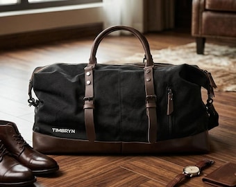 Canvas Leather Weekender Travel Bag, Mens Overnight Gym Holdall