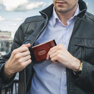 Billetera de cuero emergente para hombres y mujeres, billetera delgada con bloqueo RFID, billetera para hombres, billetera delgada, billetera elegante, tarjetero, clip para billetes