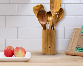 Houten keukengerei met houder - set van 7"