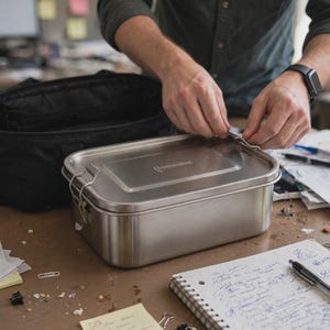 Puede incluir: Un recipiente rectangular de acero inoxidable para alimentos con tapa de cierre seguro y pestillos metálicos laterales. La tapa presenta un pequeño logotipo grabado. El recipiente tiene un acabado metálico cepillado y esquinas redondeadas.