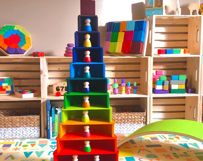Large Wooden Rainbow Stacker Bundle, Rainbow Stacker, Peg Dolls, Semi ...