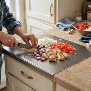 Puede incluir: Una tabla de cortar rectangular de acero inoxidable con un borde curvado hacia abajo, que presenta el nombre de la marca Greenwalnut impreso en la superficie. La tabla contiene cebolla roja picada, tomates en dados y pollo cocinado.