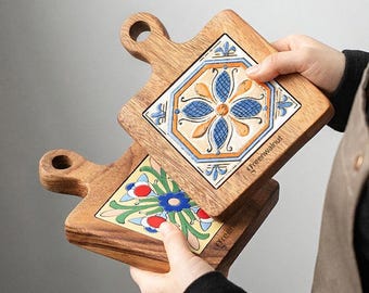 Acacia Wood Trivet with Ceramic Tile Inlay | Heat Resistant Pot Holder (20x15x2 CM)