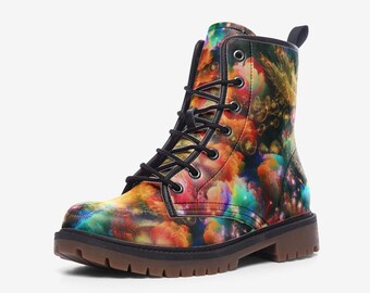 Vegan Combat Boots, Celestial Galaxy Graphic Art Print - Unisex Festival Gear - Cruelty-Free Synthetic Leather Lace-Up Shoes
