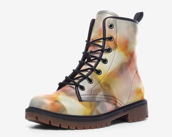 Lace Up Boots, Fractal Art: Sacred Geometry Combat Silhouette (Vegan Leather, Unisex Festival Footwear)