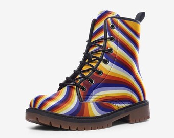 Vegan Combat Boots - Psychedelic Folklore Print - Synthetic Leather, Unisex Festival Apparel