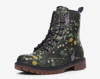 Floral Combat Boots, Botanical Graphic Lace Up Footwear | Vegan Leather | Unisex Festival Shoes, Cottagecore Aesthetic Style