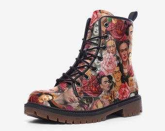 Frida Kahlo Vegan Combat Boots, Wide Fit Lace-Up Shoes