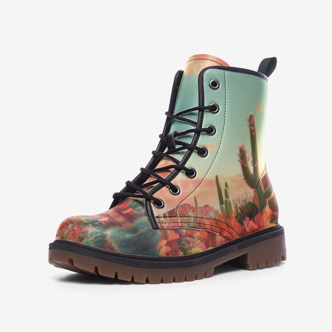 Cactus Print Vegan Leather Boots, Lace-Up Desert Style