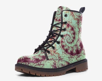 Combat Boots, Botanical Print - Vegan Leather Footwear | Artistic Unisex Festival Style | Nature Inspired Lace Up Shoes