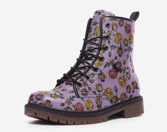 Purple Floral Art Boots: Vegan Leather Combat Style