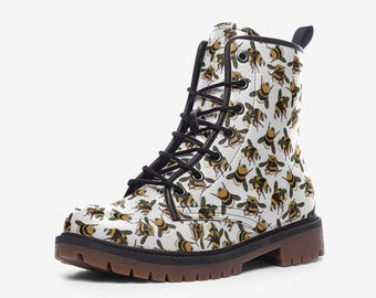 Vegan Boots, Bumblebee Insect Print Combat Footwear - Botanical Nature Graphic Lace-Up - Unisex Festival Style, Boho Garden Shoes