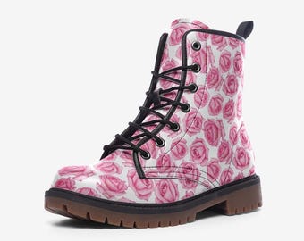 Floral Combat Boots, Botanical Vegan Shoes - Pink Rose Folklore Artistry | Cottagecore Garden Festival Wear