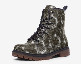 Y2K Combat Boots Mid Century Floral, Ankle Boots, Vegan Leather
