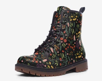 Floral Combat Boots, Botanical Art Print Shoes - Vegan Lace Up Footwear | Cottagecore Platform Style | Boho Festival Gift