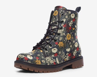 May include: A floral print combat boot featuring a dark background with a pattern of colorful flowers. The boot has a lace-up design with black laces, a rounded toe, and a brown sole. The boot is made of a durable material.