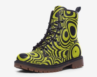 May include: A single combat boot featuring a vibrant, psychedelic pattern in black and lime green. The boot has a lace-up design with black laces, a sturdy brown sole, and a pull tab at the back. The overall design is eye-catching and bold.