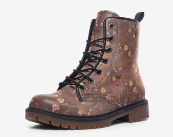 Floral Vegan Leather Combat Boots: Wide Fit, Unisex Design