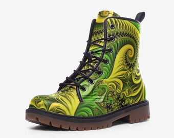 May include: A pair of lace-up combat boots with a vibrant, swirling fractal design in shades of green and yellow. The boots have black laces, a black trim, and a brown sole. The boots are a unique fashion statement.