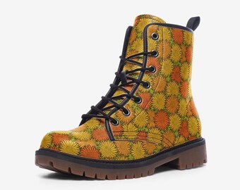 Vegan Combat Boots, Botanical Art Festival Footwear - Synthetic Leather - Unisex Lace Up Design
