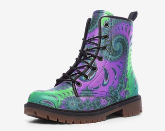 Combat Boots, Psychedelic Botanical Art - Vegan Lace-Up Footwear - Unisex Festival Style, Synthetic Leather Platform Shoes