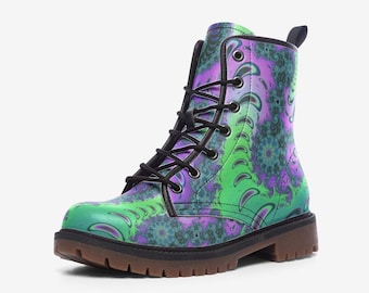 May include: An ankle boot featuring a vibrant purple and green fractal pattern across the upper. The boot has black laces, black metal eyelets, a black pull tab at the heel, and a thick, brown lugged rubber sole with a defined tread pattern.