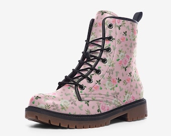 Pink Floral Art Boots | Vegan Leather Combat Boots – Botanical Print Footwear