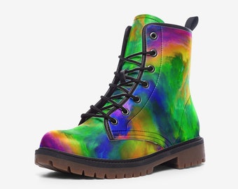 5AM Vegan Leather Boots, Rainbow Print, Lace-Up
