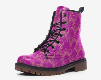 Pink Dragon Combat Boots | Vegan Leather Art Wearable Statement Shoes