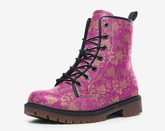 Pink Floral Art Boots: Vegan Leather Combat Style, Wearable Art