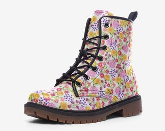 Pink Bloom Vegan Leather Combat Boots – Botanical Art Print Statement Footwear