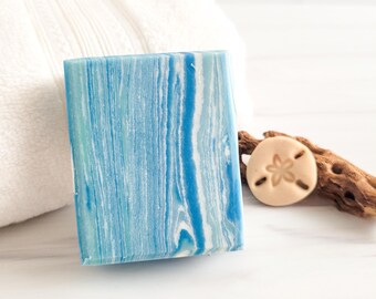 Ocean Lovers Cold Process Soap, Coastal Aesthetic Bath Bar, Artisan Beach House Hand Wash, Nautical Gift, Blue Teal White Layers