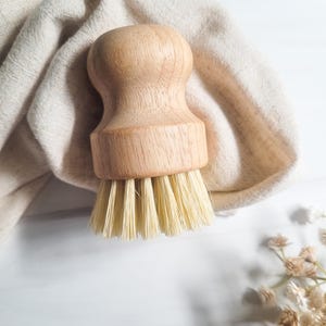 May include: A round wooden dish brush with a smooth, light-colored handle and stiff, pale bristles. The brush features a compact, ergonomic design with a rounded top for a comfortable grip, paired with dense, light-toned natural fiber bristles.