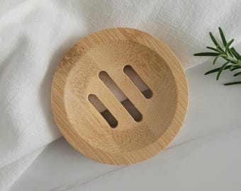 Natural Bamboo Soap Dish, Self Draining Wooden Soap Saver Tray, Minimalist Eco Friendly Bathroom Decor, Round Slotted Shower Steamer Holder