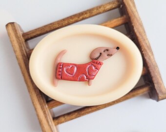 Dachshund Soap, Whimsical Dog Lover Gift, Sausage Dog with Red Sweater with Pink Hearts