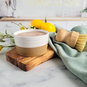 Solid Dish Soap with Stoneware Ramekin and Bamboo Brush, Hard Dishwashing Bar with Sink Side Scrubber, Citrus and Herbal Aroma
