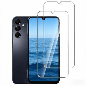 May include: A black smartphone with a triple-lens camera system and a screen protector. The phone's screen displays a blue ocean scene. Two clear screen protectors are positioned next to the phone.