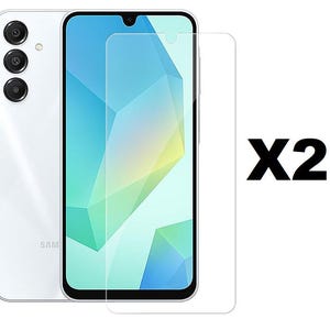 May include: A white smartphone with a screen protector, next to a second screen protector. The phone has a triple-lens camera and the word "SAM" is visible. The text "X2" is displayed in black.