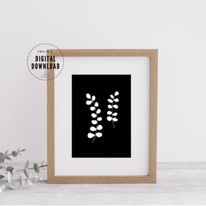 Eucalyptus Stem Art, Succulent, White and Black, Botanical Leaf Art, Printable Wall Art Print, INSTANT DOWNLOAD