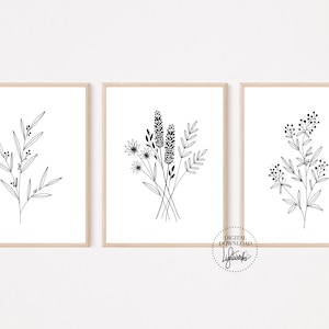SET OF 3 Trendy Plant Line Drawing, Printable Wall Art Print, Modern Living Room, Black and White Art, Farmhouse, Boho Art, Digital Download